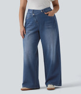 Halara Flex™ Asymmetric High Waisted Washed Casual Baggy Plus Size Jeans with Pockets