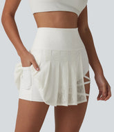 High Waisted Contrast Lace Pleated 2-in-1 Asymmetric Hem Mini Dance Skirt with Pockets