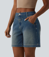 Halara Flex™ Mid Rise Rolled Hem Washed Denim Casual Baggy Bermuda Shorts with Pockets