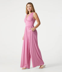 Ribbed V Neck Sleeveless Ruched Built-in Bra Casual Jumpsuit with Pockets-Easy Peezy Edition