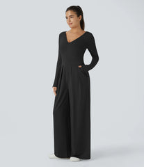 V Neck Long Sleeve Pocket Wide Leg Casual Jumpsuit