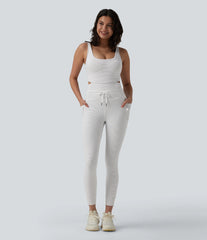 U Neck Cut Out Drawstring Tummy Control Stripe Yoga Jumpsuit with Pockets-Easy Peezy Edition