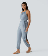 Sleeveless Tie Back Belted Pocket Cut Out InstantCool Jumpsuit-UPF50+