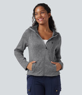 Hooded Long Sleeve Fleece Knitted Hiking Jacket with Pockets