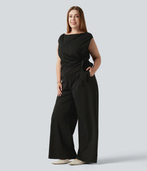 Plus Size Boat Neck Sleeveless Tie Side InstantCool Stripe Work Jumpsuit with Pockets-Easy Peezy Edition