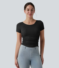 Ribbed Boat Neck Short Sleeve Ruched Built-in Bra Casual Slim T-Shirt