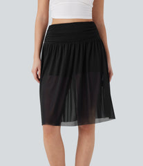 High Waisted Ruched 2-in-1 Contrast Mesh Flowy Midi Casual Skirt with Pockets