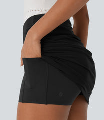 High Waisted Ruched 2-in-1 Pocket Contrast Mesh Bodycon Mini Casual Skirt