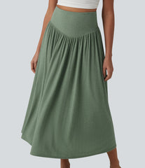 Ribbed Knit High Waisted Tummy Control Flowy Midi Casual Linen-Blend Skirt