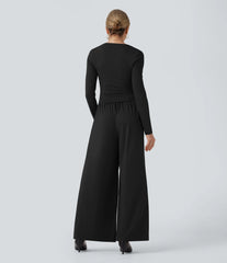 Sweetheart Neck Long Sleeve Ruched Casual Jumpsuit with Pockets-Easy Peezy Edition