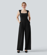 Square Neck Sleeveless Contrast Lace Bridesmaid And Wedding Guest Jumpsuit with Pockets-Easy Peezy