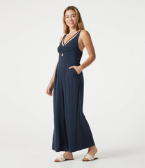 V-neck Sleeveless Shirred Casual Baggy Jumpsuit with Pockets