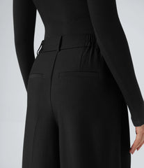 High Waisted Wide Leg Work Linen-Feel Pants with Pockets