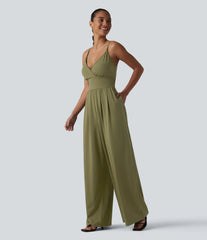 V Neck Built-in Bra Casual Slip Jumpsuit with Pockets-Easy Peezy Edition
