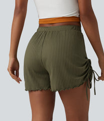 Ribbed Knit Mid Rise Drawstring Lettuce Trim Shorts 4'' with Pockets