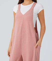 V Neck Pocket Waffle Casual Overalls