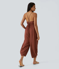 Spaghetti Strap Lace Up Pocket Jumpsuit