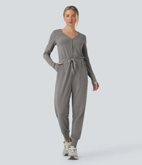 V Neck Long Sleeve Thumb Hole Drawstring Workout Jumpsuit with Pockets-Easy Peezy Edition
