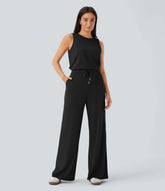 Round Neck Sleeveless Keyhole Back Drawstring Pocket Casual Jumpsuit