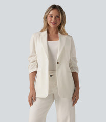 3/4 Sleeve Ruched Linen-Feel Work Blazer with Pockets
