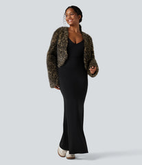 V Neck Long Sleeve Casual Faux Fur Coat