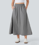 High Waisted Color Block Stripe Cinchable Hem A-line Midi Casual Skirt with Pockets