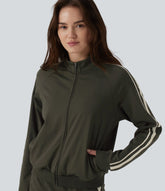 DayStretch Stand Collar Color Block Stripes Workout Jacket with Pockets