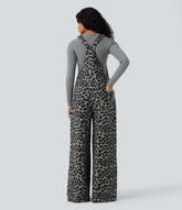 Square Neck Leopard Print Teddy Casual Baggy Overalls with Pockets