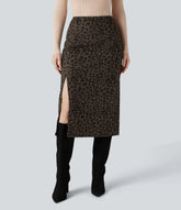 High Waisted Split Hem Midi Leopard Print Corduroy Casual Pencil Skirt