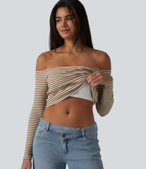 Ribbed Knit Off Shoulder Long Sleeve Built-in Bra Stripe Casual T-Shirt