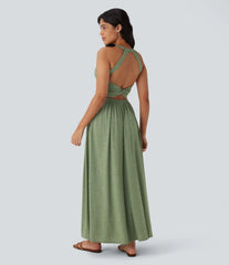 Twisted Backless Split Flowy Maxi Resort Dress with Pockets