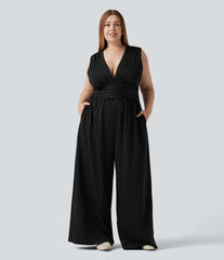 Plus Size Deep V Neck Built-in Bra Sleeveless Ruched Cool Touch Stripe Work Jumpsuit with Pockets-Easy Peezy Edition