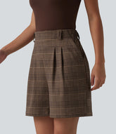 High Waisted Baggy Plaid Work Bermuda Shorts with Pockets