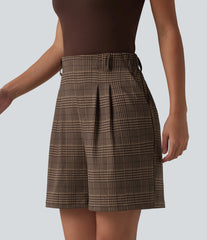 High Waisted Baggy Plaid Work Bermuda Shorts with Pockets