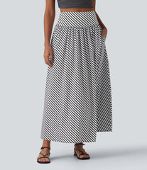 High Waisted Stripe Maxi Casual Flowy Skirt with Pockets