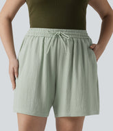 High Waisted Drawstring Casual Linen-Feel Plus Size Shorts with Pockets