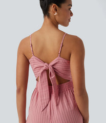 Tie Back Cut Out Stripe Linen-Feel Slip Jumpsuit with Pockets