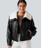 Faux Fur Collar Zip Fly Casual Faux Leather Jacket with Pockets