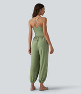 Crisscross Backless Sleeveless Built-in Bra Heathered Casual Jumpsuit with Pockets-Easy Peezy