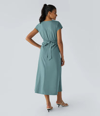 Breezeful™ V Neck Short Sleeve Pocket Tie Back Quick Dry Midi Casual Dress-Longer Length