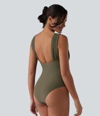 V-neck Sleeveless Tummy Control Built-in Bra One Piece Swimsuit