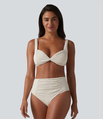 Adjustable Straps Twisted Ruched Tummy Control Jacquard Bikini Set