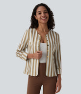 Round Neck 3/4 Sleeve Decorative Button Color Block Stripes Slim Work Blazer