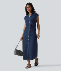 Halara Flex™ V-neck Sleeveless Ruched Button Fly Midi Denim Casual Dress