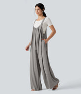 Adjustable Straps Waffle Casual Flowy Baggy Jumpsuit with Pockets