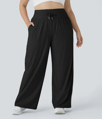 High Waisted Drawstring Pocket Wide Leg InstantCool Casual Plus Size Pants-UPF50+