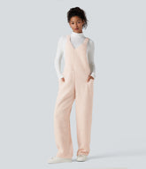 V Neck Casual Teddy Overalls with Pockets