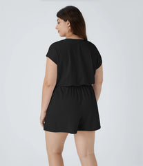 V Neck Short Sleeve Pocket Waffle Casual Plus Size Jumpsuit