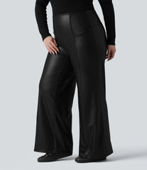 High Waisted Tummy Control Stretchy PU Fleece Casual Plus Size Flare Pants with Pockets