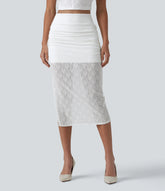 High-waisted 2-in-1 Ruched Split Bodycon Midi Bridesmaid And Wedding Guest Lace Skirt
